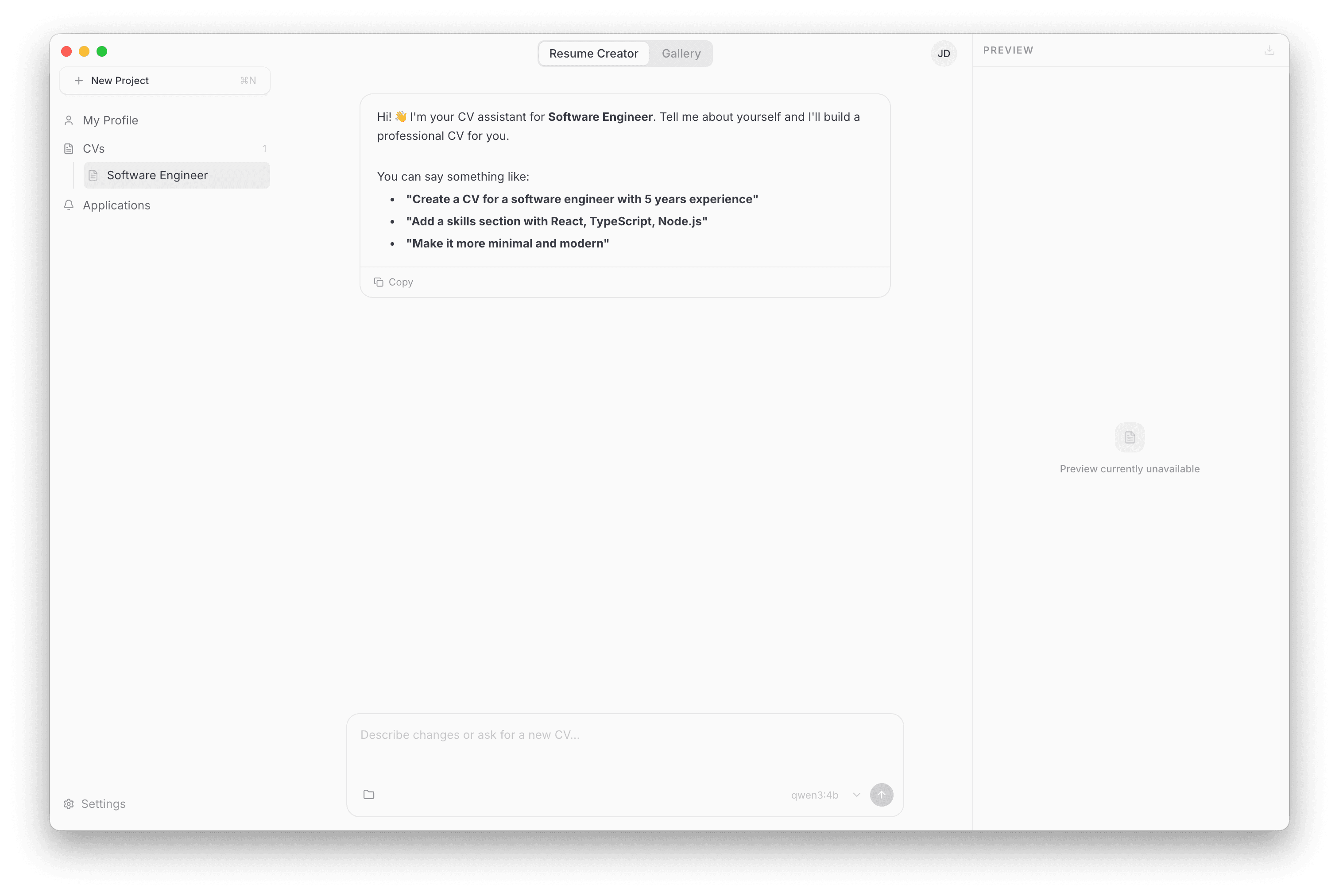 ResumeCraft main interface