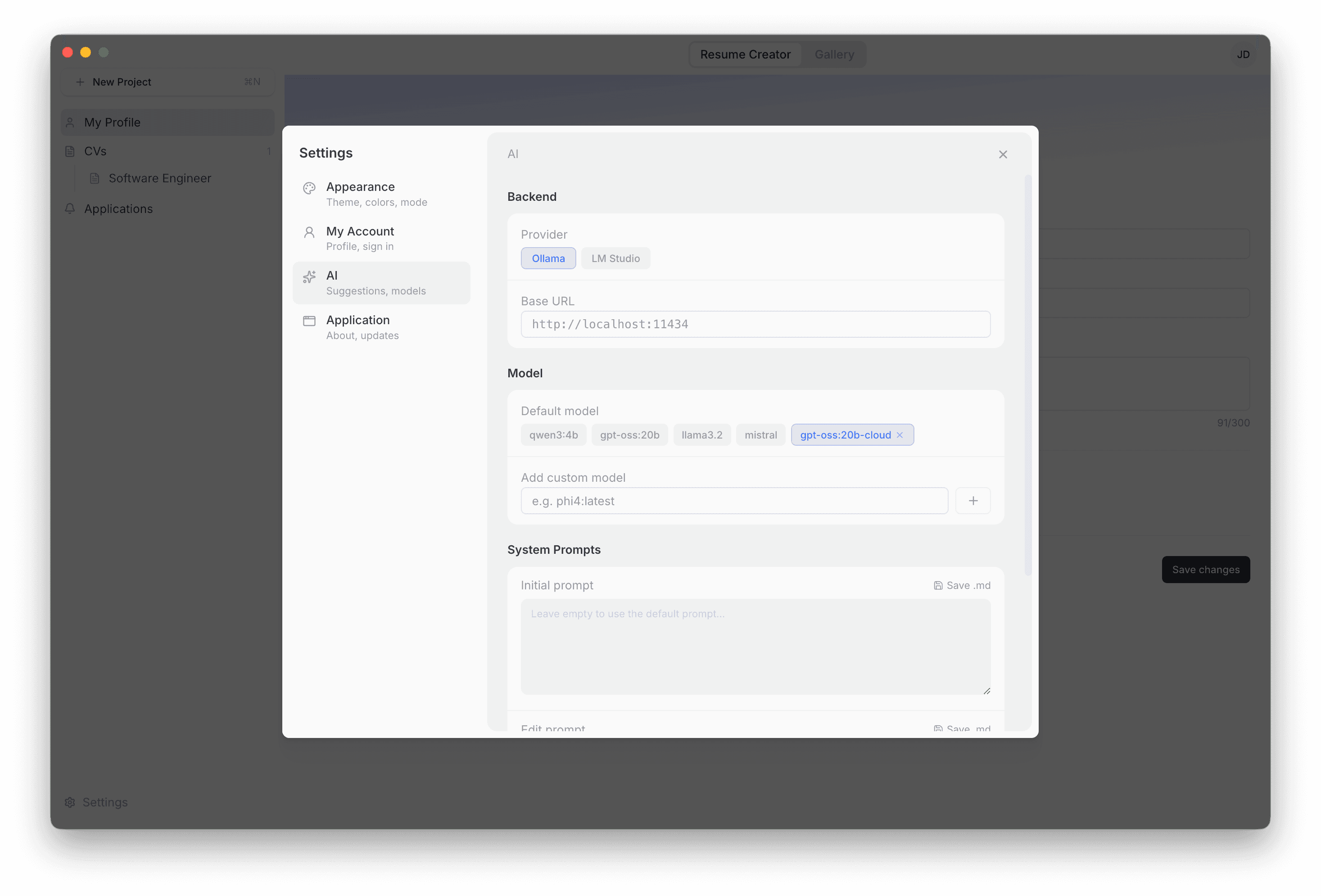 ResumeCraft AI settings